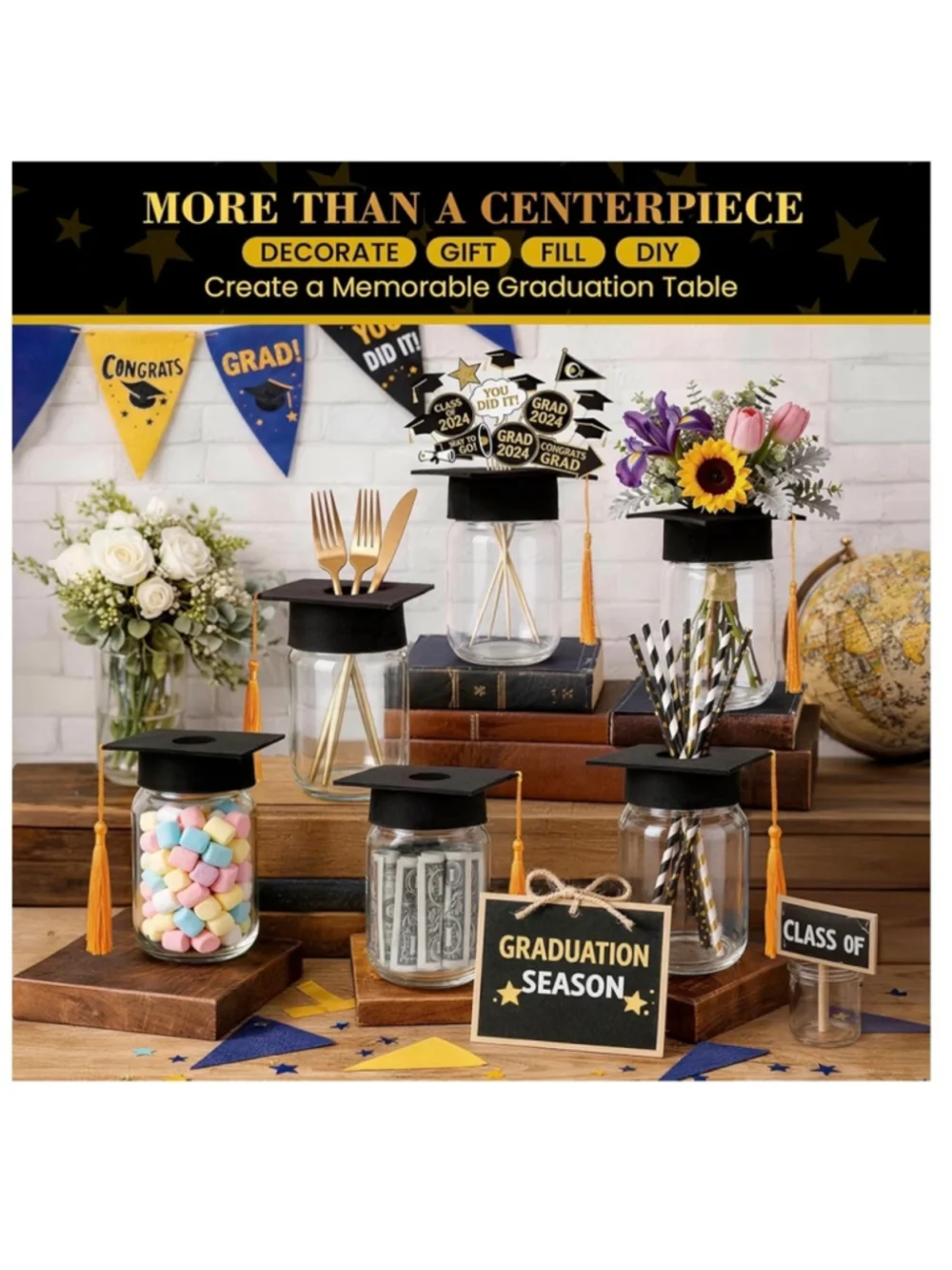 NEW 6 Sets Graduation Cap Centerpieces Mason Jar Centerpieces